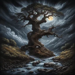 Oilpaint,Colourfull,Natural portal, epic cinematic, breathtaking, intricate, insanely detailed hand drawing of dramatic storm clouds, dark night and bright moonlight on an aesthetically remarkable old oak tree tousled by the stream, a restless river, a winding path, mountains, in the style of Tomasz Allen Kopera, Dariusz Zawadzki, Andreja Peklar, Ivan Shiskin, Jean-Baptiste Monge, Rebecca Guay, breathtaking surreal landscape ​