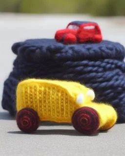 a smiling car knitted out of wool