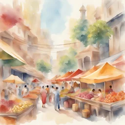 Design a watercolor-inspired illustration of a bustling market scene in a vibrant, exotic city. The composition should be filled with bustling crowds, colorful market stalls, and exotic fruits and spices. The colors should be soft and translucent, blending seamlessly to create a sense of atmosphere and energy.
