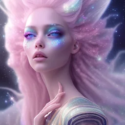 one big crystal glitter pink blue subtle galactic fairy in a galactic ambiance,glitter long blond hair down to the ground,transparent petals,blue eyes,delicate colors in the foreground, full of details, smooth，soft pink violet light atmosphere, light effect，vaporwave colorful, concept art, smooth, extremely sharp detail, finely tuned detail, ultra high definition, 8 k, unreal engine 5, ultra sharp focus