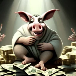 piggish cloven foot lying on stacks of money, bugs bunny