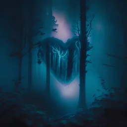 fog in the forest at night with an electric heart