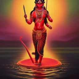 An oil painting of goddess Kali crossing a lake, neon red colors