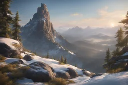 A massiv mountain. The button is covered in forrest, the middel in rocks and the top In snow. the is a needle thin tower on top of the mountain. fantasy concept art, exquisite realism, a masterpiece, dynamic lighting, hyper detailed, intricately detailed, deep color, Unreal Engine, volumetric lighting , Epic cinematic brilliant stunning intricate meticulously detailed dramatic atmospheric maximal,