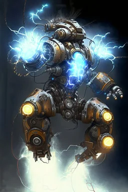 mechanical robot exosuit make electricity lightning coming from it, steampunk