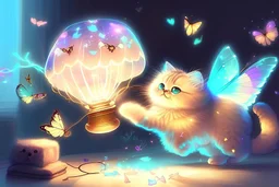 cute chibi fluffy beige bioluminescent cat playing with colorful flying butterflies dynamic movements next to a glowing tiffany lamp in a modern room