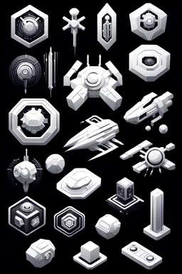 vector monochromatic science-fiction techno cyberpunk icons and symbols in white color displayed on the black background 3D low poly