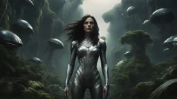 Wide-angle shot of a woman, standing on the right hand side of an alien beach, with dark hair in a silver robotic catsuit, many floating aliens with long tentacles, alien jungle trees in the distance detailed matte painting, deep colour