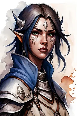 create a female fantasy Pathfinder RPG full body character illustration with highly detailed facial features in the art style of Wayne Reynolds, ink wash and watercolor, 8k, ArtStation, DeviantArt