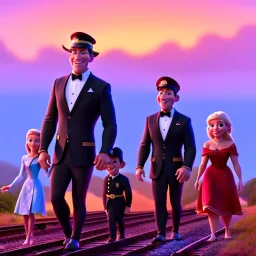 Joe Biden and his family with a train, 8k, realistic body, with a fedora, sunset background,