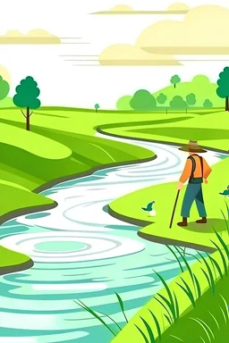 tolong buatkan ilustrasi pemandangan di sungai dengan seorang petani yang sedang berjalan