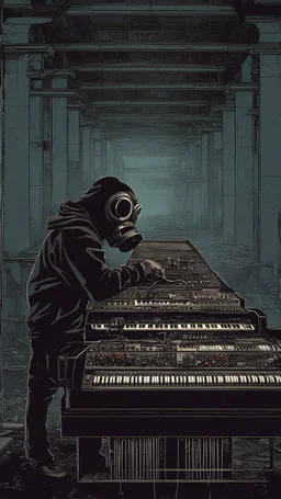 a person with a gas mask in an abandoned big massive factory, playing with a modular synth piano