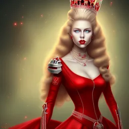 a full portrait of beautiful queen, has pale blonde hair and green eyes, red lips, wearing red dress