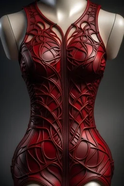 Dark red leather dress, 3D printing, tight corset, sleeveless, inspired by fractals in nature