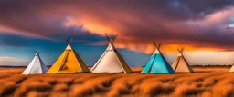 Prairie landscape, living skies, 3 teepees, historically authentic, fall colors