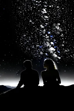 Black background on a mountaintop. A silhouette of a fit human man and a silhouette of a fit human woman sitting close to each other, looking at the stars. The man's arm is wrapped around the woman's shoulder.