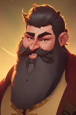 Fantasy Bearded strong man wearing a thick fur-lined merchant's coat, wearing gold rings, divine, halo, happy smiling, portrait, high definition, realistic, long hair, dynamic lighting, volumetric lighting, mustache