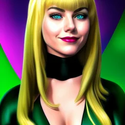 ultra detailed fullbody portrait of Gwen Stacy, wearing skintight Black costume, extremely detailed digital painting, intrincate, extremely detailed smiling face,crystal clear Big Green eyes, in the style of Adam Hughes , mystical colors , perfectly centered image, perfect composition, rim light, beautiful lighting,8k, stunning scene, raytracing