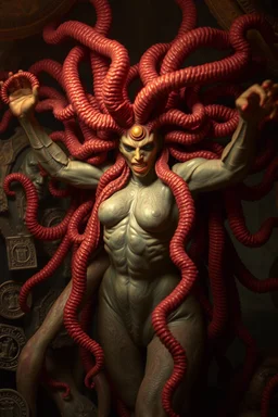 søt som fy Medusa, en god og snill og flink og veldig søt og hårete som en hippie , humanoid skapning fra universet, de regjerer ofte i underjordiske byer . ser på seg selv som overlegne , abyss city, motion blur, painted by Rembrandt