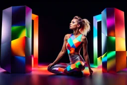 beautiful lady with todays modern clothing and sport shoes, in surreal stage made of fractal random size objects with helical strip colors in clothing similar to environment full body posing to camera,animating background metallic random color cubes