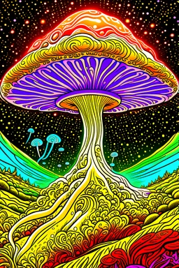 A highly detailed and colorful digital Illustration of a psychedelic alien mushroom walking in his illumininescent planet, unrecognizable fauna with limbs and human features reach out the the cute mushroom, trippy atmosphere, beautiful fantasy landscape, cartoonist, hirō isono, realistic surrealism, magical, detailed, cosmic fantasy, gloss, retro futurisric, pastels, metaphysical, doodle,, dadaism, anime, Camila d'errica