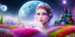 bright fairy, beautiful portrait, flowery landscape