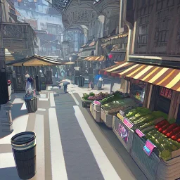 Realistic scene, shot view, streetMarket, soft color, highly detailed, unreal engine 5, ray tracing, RTX, lumen lighting, ultra detail, volumetric lighting, 3d, finely drawn, high definition, high resolution.