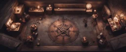 Hyper Realistic top view of huge dark mansion lounge with Zombie-pirate creepily smiling & a ritual pentagram on a rustic wall