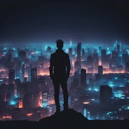 silhouette of man from building across city landscape horizon neon lights night life