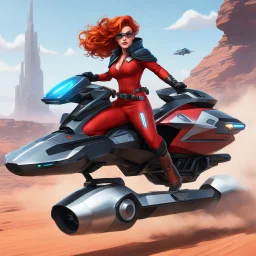 una mujer pelirroja, con un mono con cremallera, guantes, botas altas, capa y antifaz, dos pistoleras: she drives the 'Jumping JACK' Turbo Hovercycle on the outskirts of Palladium's RIFTS Earth.