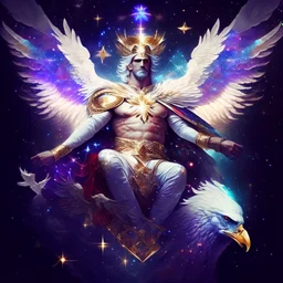 God-like man with infinite power who owns the galaxies and wears a beautiful crown, a jewel of diamonds and galaxies with weapons riding on a creature with an eagle head and eagle wings and eagle hands