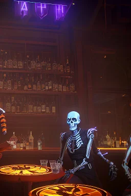 Skeletons having a drink at a bar counter, smoking sigars