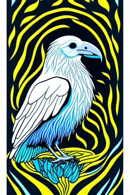 a white raven with glowing eyes, psychedelic, minimalist tarot card