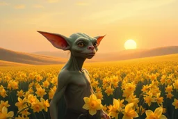 oil paint, gremlin in A vast, tranquil landscape bathed in the golden glow of a spring sunset, with a sea of daffodils stretching across rolling hills under a soft, pastel-colored sky. The flowers sway gently in a soft breeze, creating a vibrant, dream-like ocean of yellow against the serene background. close up on a natural gremlin orc beauty face A solitary figure, perhaps a poet or dreamer, stands in awe at the beauty, their presence almost blending with the natural scenery.