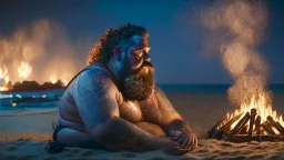 photography of a sicilian baywatcher burly sweat chubby 44 years old , swimwear, manly chest ,tattoo, curly hairs, long beard, sitting on a beach chairs at the beach at midnight , illuminated by bonfire, photorealistic, 8k, Canon EOS, 35mm lens, , unreal engine, greg rutkowski, loish, rhads, beeple, makoto shinkai and lois van baarle, ilya kuvshinov, rossdraws, tom bagshaw, alphonse mucha, global illumination, detailed and intricate environment