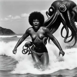 [art by Russ Meyer] In a vintage beach photo, a scared Afro-American lifeguard in a classic redcross swimsuit is grabbed by a terrifying octopus monster emerging from the waves. Her expression of shock and fear is frozen in time as the monstrous creature's tentacles wrap around her. The juxtaposition of the retro setting and surreal horror creates a spine-tingling scene of eerie nostalgia. Despite the absurdity, the lifeguard's bravery shines through as she faces off against the menacing octopus