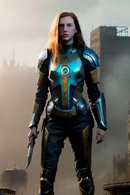 ultrarealistic, concept art, panoramic, ruined city,__intricate fantasy armor__, no star, __angles__, 18 year old woman, strikingly beautiful,ginger hair, _colour_, (pale __skincolor__ skin:1.2), __camera__, long hair, detailed face and eyes, medium breasts, sci-fi theme, freckles, dynamic pose, resolved expression, __accessory__, strappy outfit, (straps:1.1), sword in scabbard on left hip, (buckles, buttons, snaps, rings:1.0), haltertop style breastplate, detailed eyes, plump lips