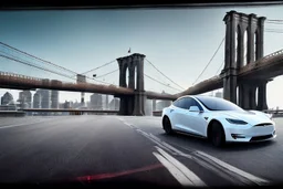 A Tesla 'Model 3' is drifting at top speed, on the 'Brooklyn Bridge' in New York. CINEMATIC. WIDE ANGLE LENS. PHOTO REAL.