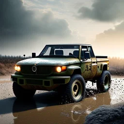 photorealistic shot, muddy military toy truck, monotone color palette, sharp focus, puddle reflection, tire water splash, refraction, mist on the horizon, shadowcast, detailed and intricate, cinematic composition, micro, tilt shift photography