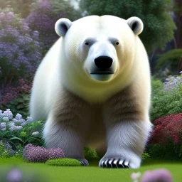 pixar style, volumetric summer garden environment and background, realistic painting of an polar bear, looking excited, volumetric lighting, dramatic lighting, detailed digital painting, extreme dense and fine fur, anime, ornate, colour-washed colors, elegant, small minutiae, tiny features, particulars, centered, smooth, sharp focus, renderman gofur render, 8k, uhd, detailed eyes, realistic shaded volumetric lighting, sunlight caustics, backlight, centered camera view