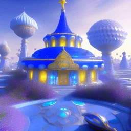 landscape of aztecan celestial blue temple ambient beutiful villa white gold and neon lights bright and blue bright gloss effect of a futuristic house,like spaceship, natural round shapes concept, large transparent view of the open outdoor garden,sea beach,blue sky , gold crystals,with light blue, flowers of Lotus, beutiful pools, light of sun , palmiers,cerisiers en fleurs, wisteria, sun , stars, small waterfalls