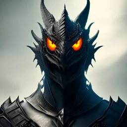 portrait, black dragonborn, dragon, demon, heavy clad armor, 8k, fantasy, high contrast, glowing eyes