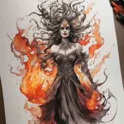 create an abstract ink wash and watercolor caricature of a beautiful, malevolent, ornately dressed , 14th century sorceress engulfed in fire ,highly detailed with refined facial features in the cartoon caricature style of Gerald Scarfe and Ralph Steadman precisely drawn, boldly inked, vividly colored, 4k