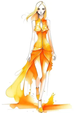 Watercolor fashion orange short futuristic dress sketch