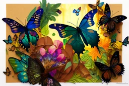 double exposure, Rainforest, flowers, birds, no text, signature no watermark, merged layers, waterfall and butterflies Patchwork and painting by Meghan Duncanson and Jennifer Lommers and Didier Lourenço in sunshine plastic 3D effect ochre, burlap, mirror foil