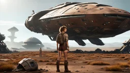 A skinny 50-year-old woman standing, hands on hips, in brown shorts, a shirt, and boots, standing next to a large, sleek cargo spaceship, sitting in a clearing, in a derelict alien town with clumps of fungi.