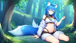 Girl look like wolf, wolf paws on hand , animal paws, wolf ears, wolf tail,blue hair, open navel, one home, forest, collar on neck,sit.