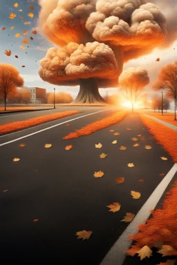 top right corner is a nuclear explosion cloud, top of explosion looks like a autumn tree full of leaves, add leaves falling everywhere in foreground, bottom 2/3 is a road through a road, a wind is blowing away from the tree. a commercial building is on the middle left