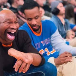 a man watching the New York Knicks on a very small television