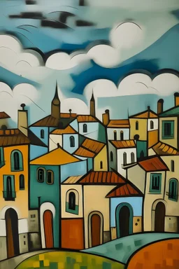 A cozy little town with cute houses, the town is on a cloud and the sky is grey, it's raining, painted by Pablo Picasso